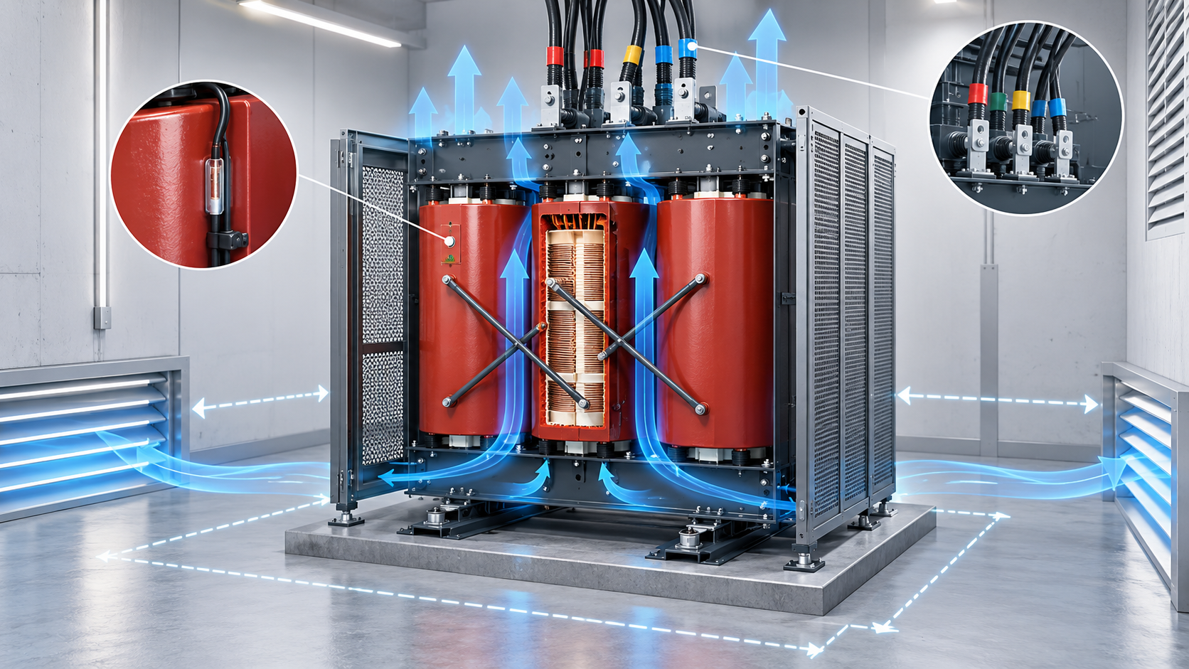 Dry-type transformer airflow and ventilation clearance illustration