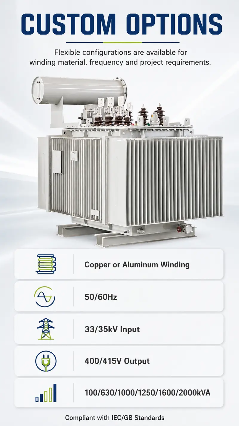 100–2000kVA 33/35kV Three-Phase Oil-Immersed Distribution Transformer — detail 4