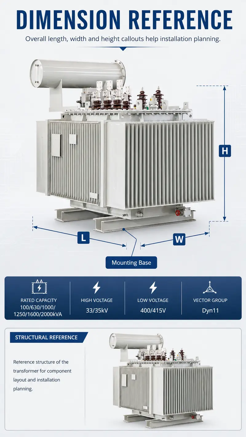 100–2000kVA 33/35kV Three-Phase Oil-Immersed Distribution Transformer — detail 1