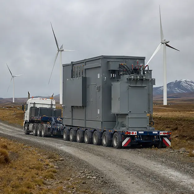 Prefabricated substation unit on a heavy transport trailer travelling an unsealed wind-farm access road