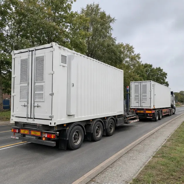 A battery energy storage container on a heavy transport trailer arriving at an industrial site