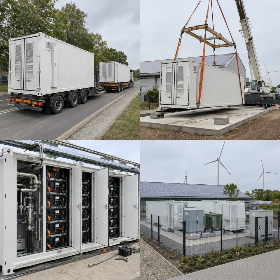 Contact sheet illustrating four stages of a battery storage installation: container delivery, crane placement, battery racks and cooling, finished site
